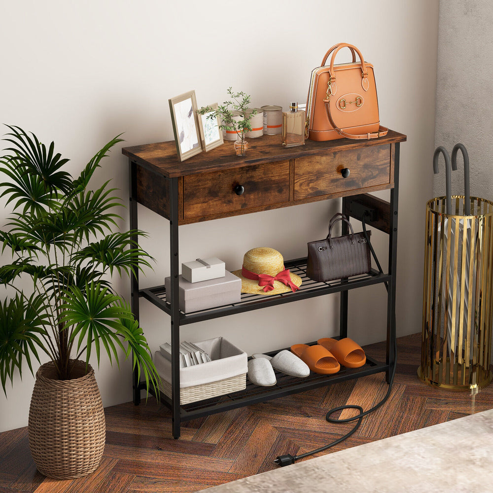 Narrow Console Table with 2 Drawers and 2 Metal Mesh Shelves-Rustic Brown - Gallery View 1 of 10