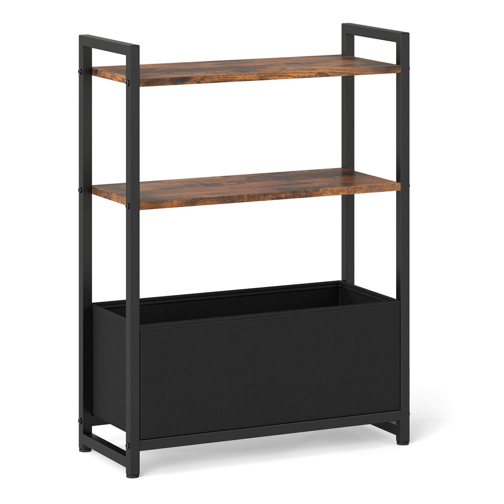 Narrow end table with a rustic brown finish, featuring 3-tier storage shelves and a detachable fabric drawer for versatile use.
