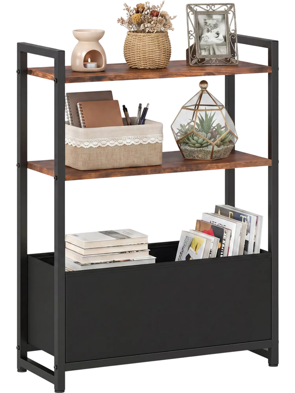 Narrow end table with rustic brown shelves, featuring a metal frame, two open shelves, and a detachable fabric drawer.