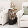 Narrow end table with rustic brown shelves and metal frame, showcasing a slim design perfect for small living spaces.