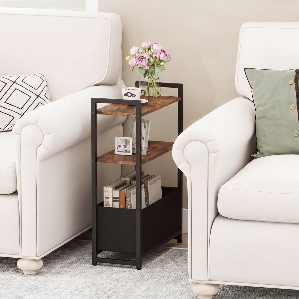 Narrow end table with rustic brown shelves and metal frame, showcasing a slim design perfect for small living spaces.