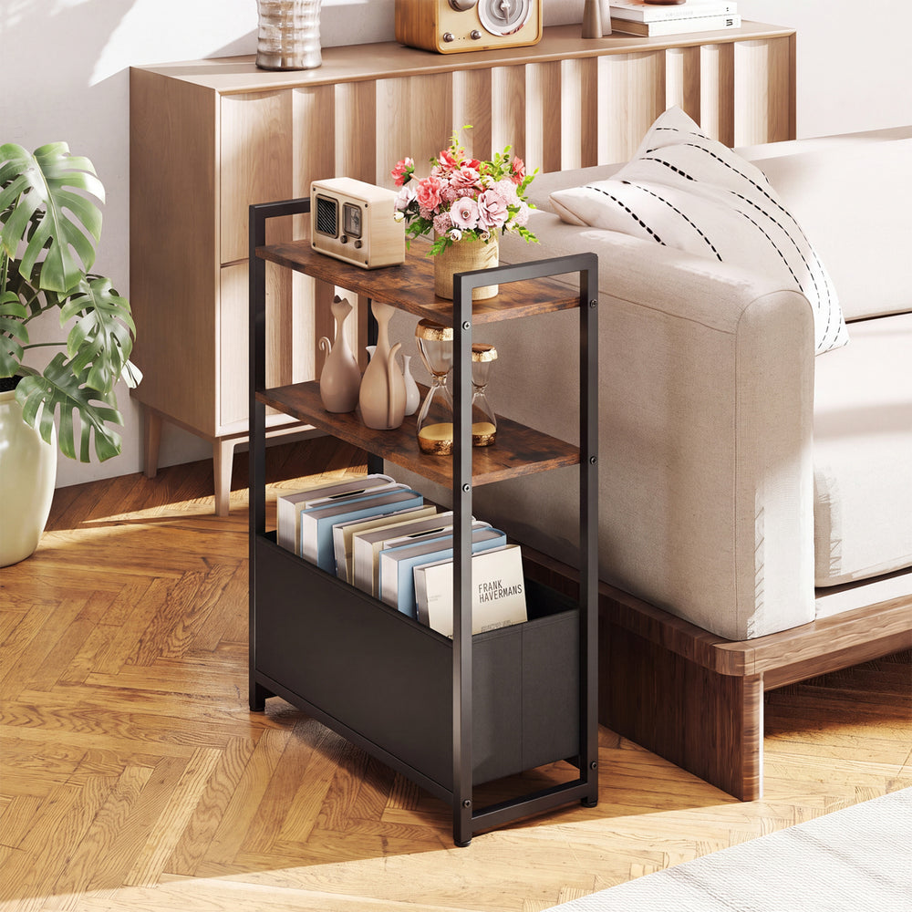Narrow end table in rustic brown features a metal frame, three storage tiers, and a detachable fabric drawer for versatile use.