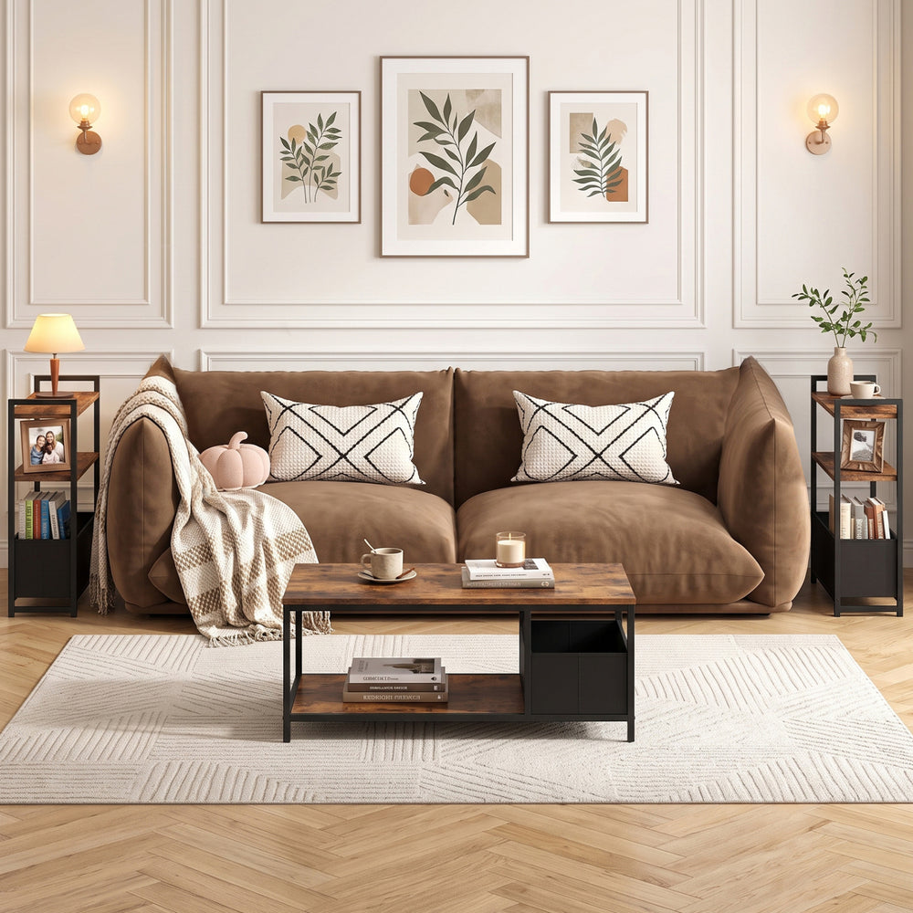 Narrow end table with a rustic brown finish features a slim design, metal frame, and 3-tier storage for versatile use.