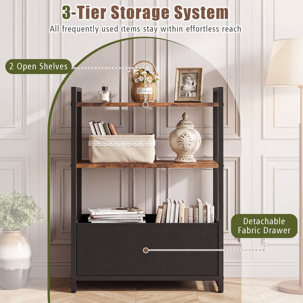 Narrow end table featuring a rustic brown finish, 3-tier storage with 2 open shelves and a detachable fabric drawer.