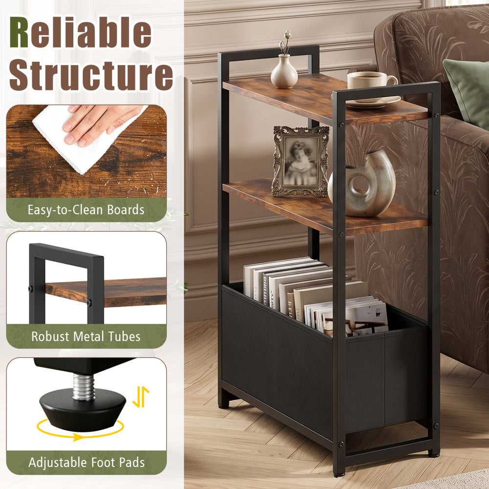 Narrow end table in rustic brown features a slim design, 3-tier storage, and robust metal frame for versatile use.