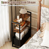 Narrow end table with rustic brown shelves and metal frame, featuring a slim design for tight corners and ample storage.