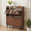 Narrow brown shoe cabinet features adjustable shelves, flip-open drawers, and rustic farmhouse style for compact entryways.