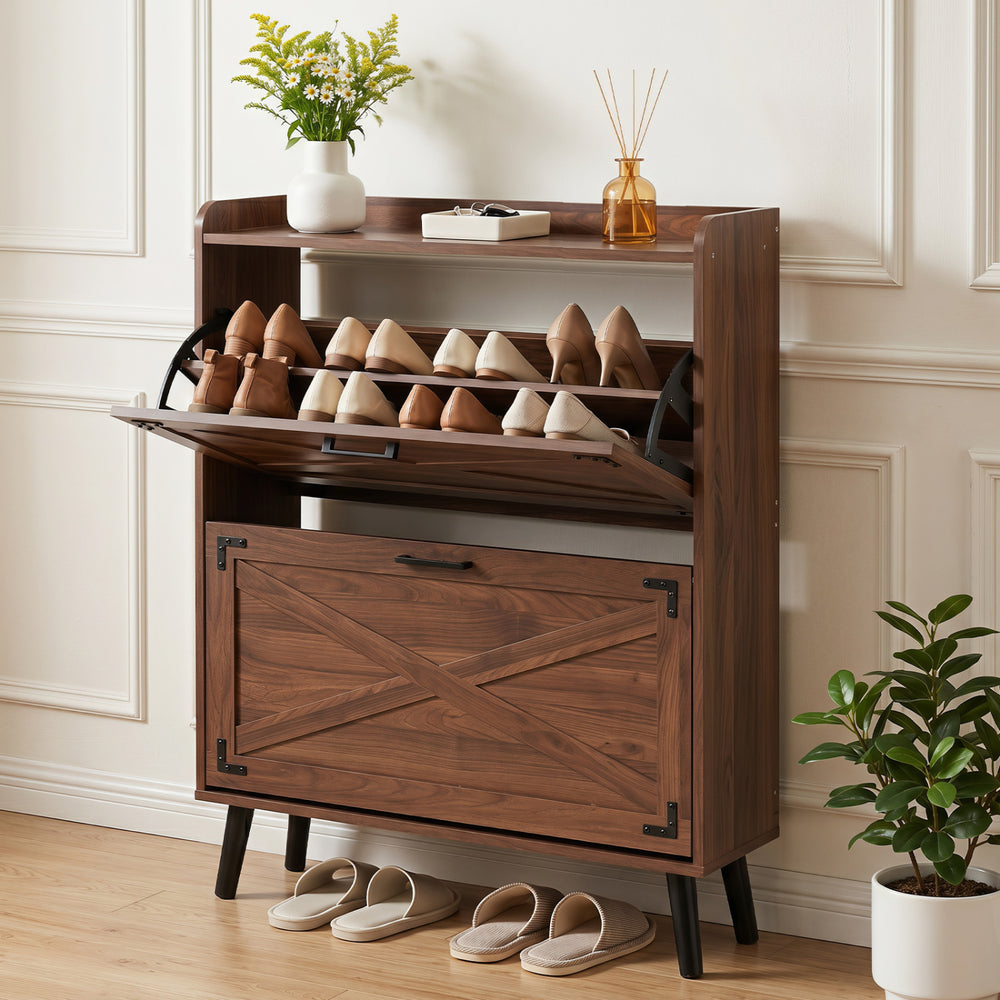 Narrow brown shoe cabinet features adjustable shelves, flip-open drawers, and rustic farmhouse style for compact entryways.