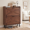 Narrow brown shoe cabinet with two flip-open drawers and adjustable shelves, perfect for compact entryways.
