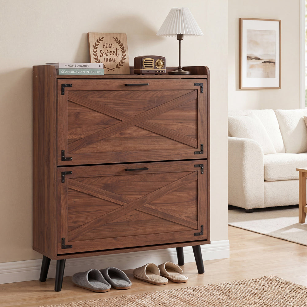 Narrow brown shoe cabinet with two flip-open drawers and adjustable shelves, perfect for compact entryways.