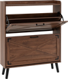 Narrow brown shoe cabinet features two flip-open drawers and an open top shelf, perfect for compact entryways.