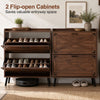 Narrow shoe cabinet in brown features two flip-open drawers and adjustable shelves, perfect for compact entryways.