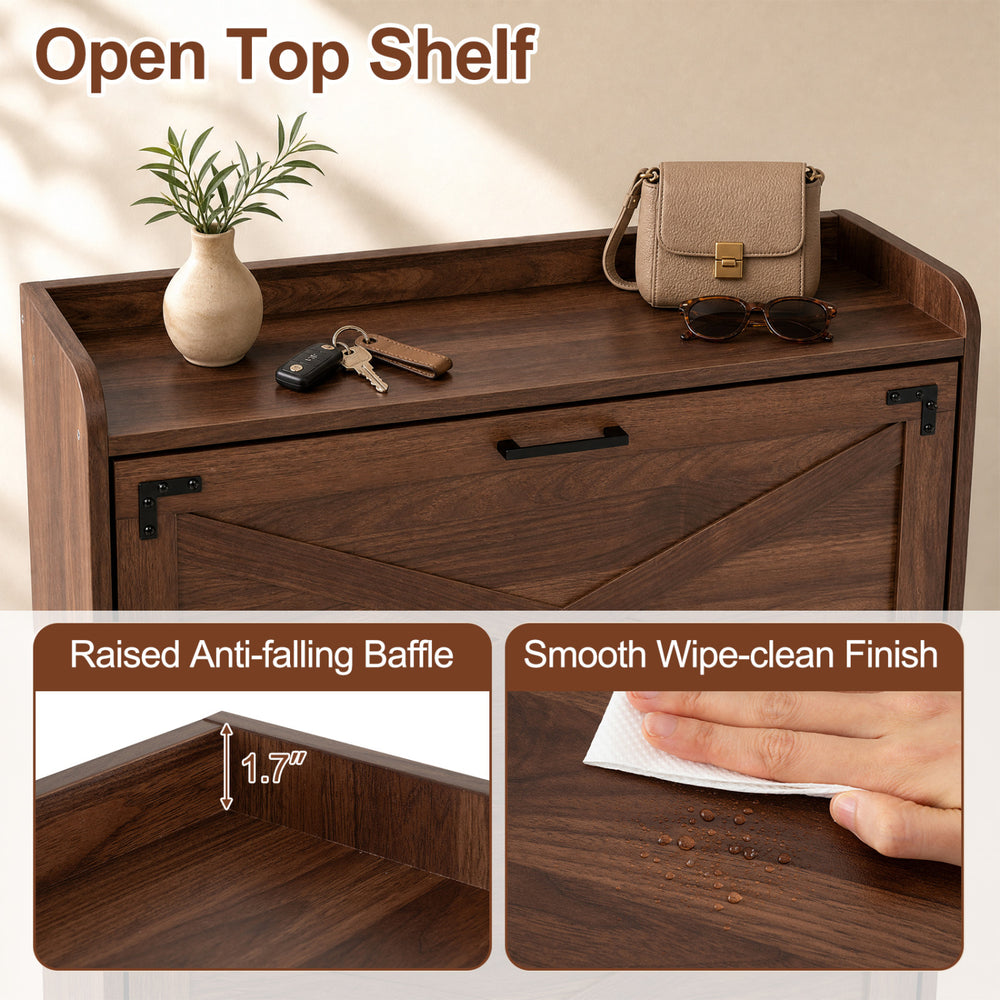Narrow shoe cabinet in brown with open top shelf, adjustable shelves, and smooth wipe-clean finish for entryway organization.