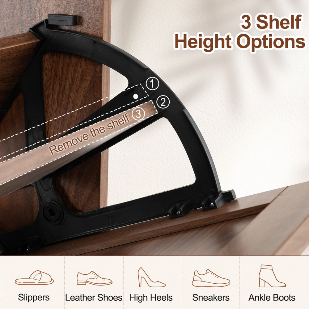 Narrow shoe cabinet in brown with adjustable shelves, designed for compact entryways and suitable for various footwear types.