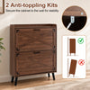 Narrow brown shoe cabinet with two flip-open drawers and anti-toppling kits, ideal for compact entryways.