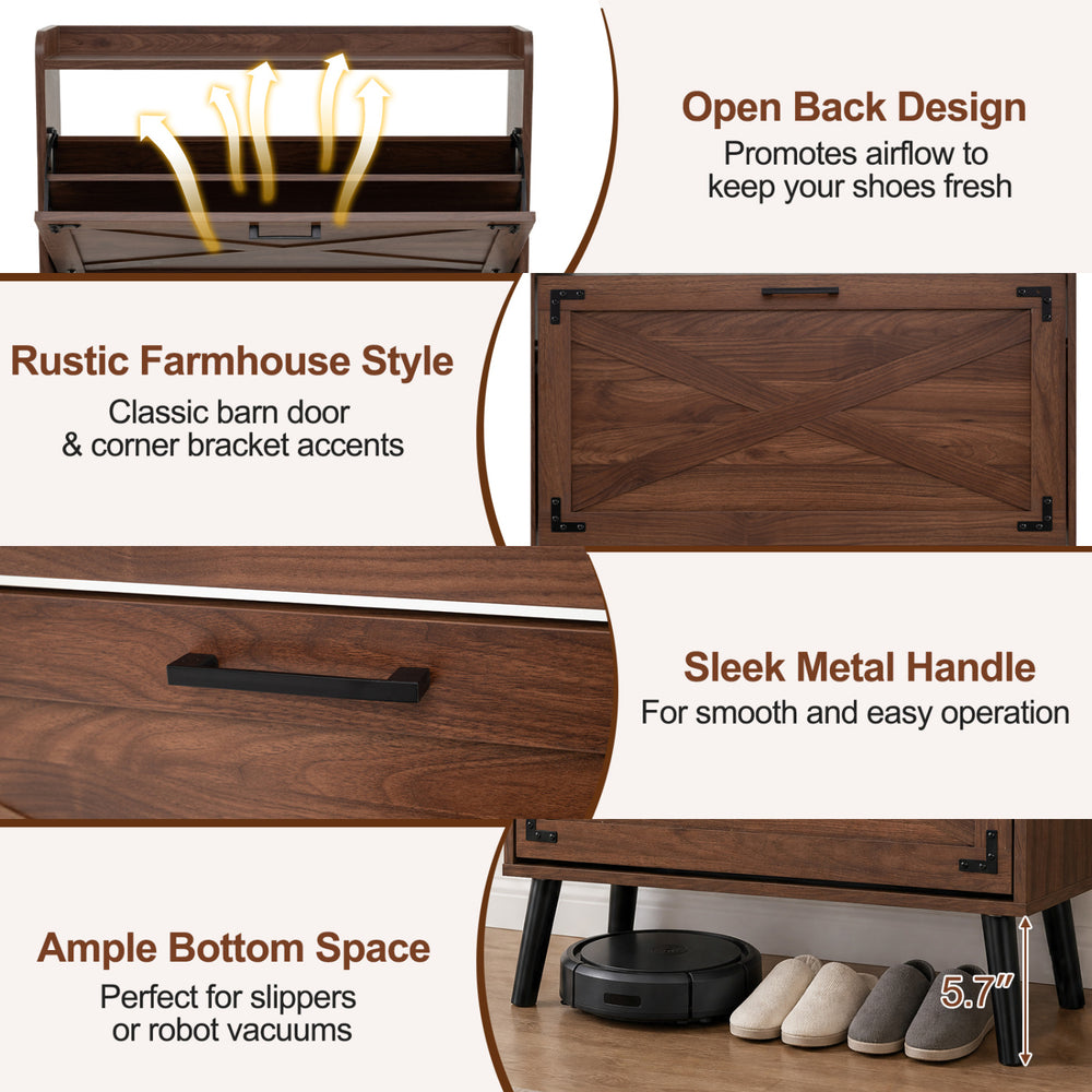 Narrow brown shoe cabinet with rustic farmhouse style, open back design, and ample space for slippers or robot vacuums.