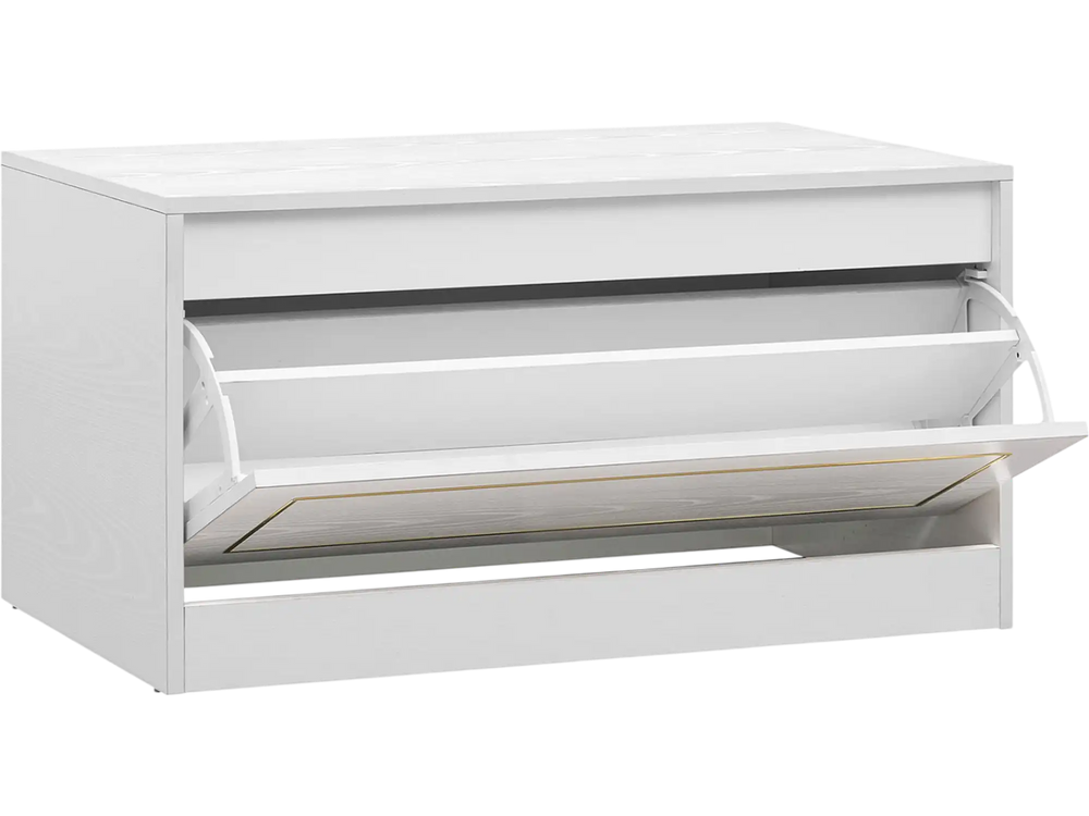 Narrow white shoe cabinet with a flip drawer, featuring an adjustable shelf, designed for efficient storage in compact spaces.