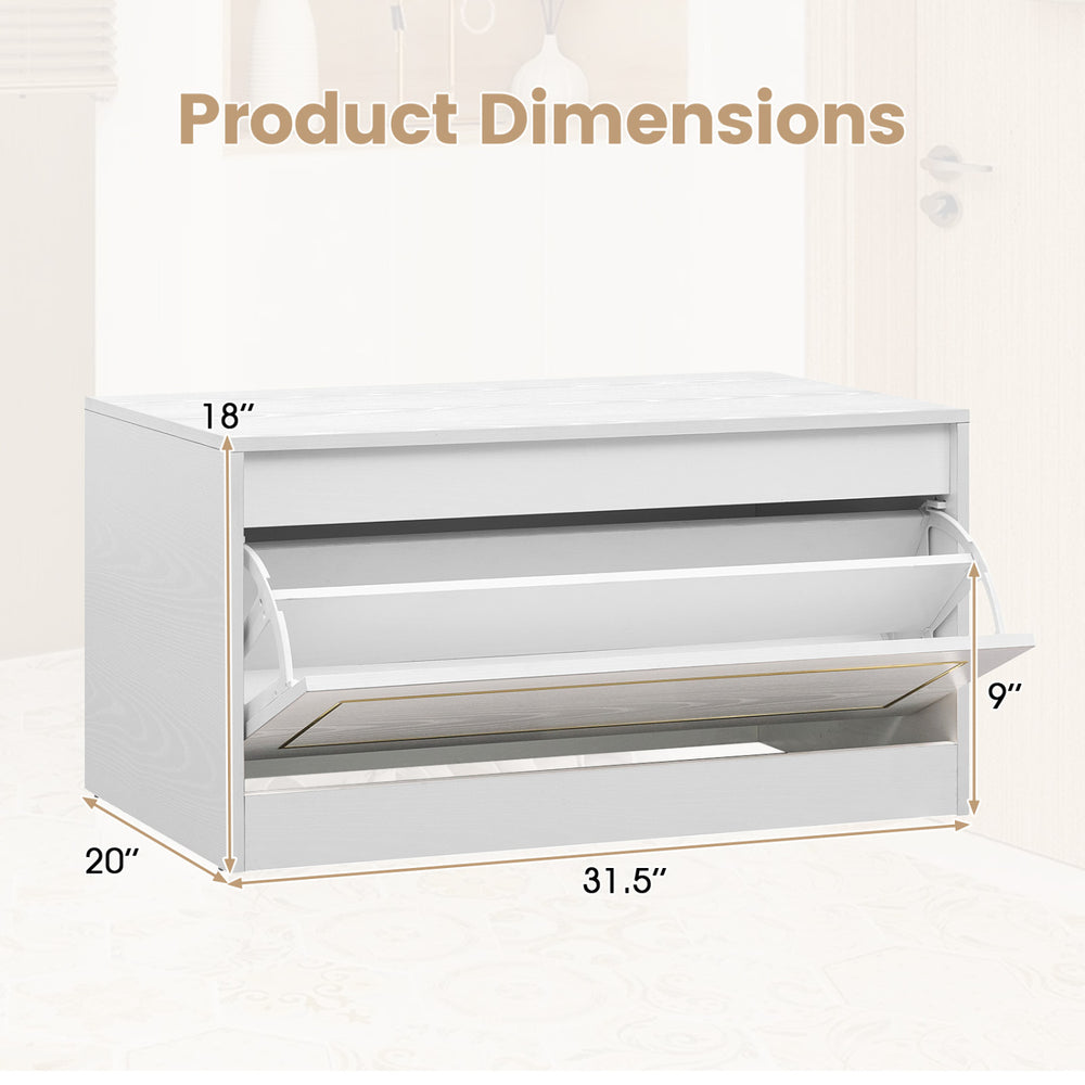 Narrow white shoe cabinet with a flip drawer and adjustable shelf, ideal for hallway organization and space-saving storage.