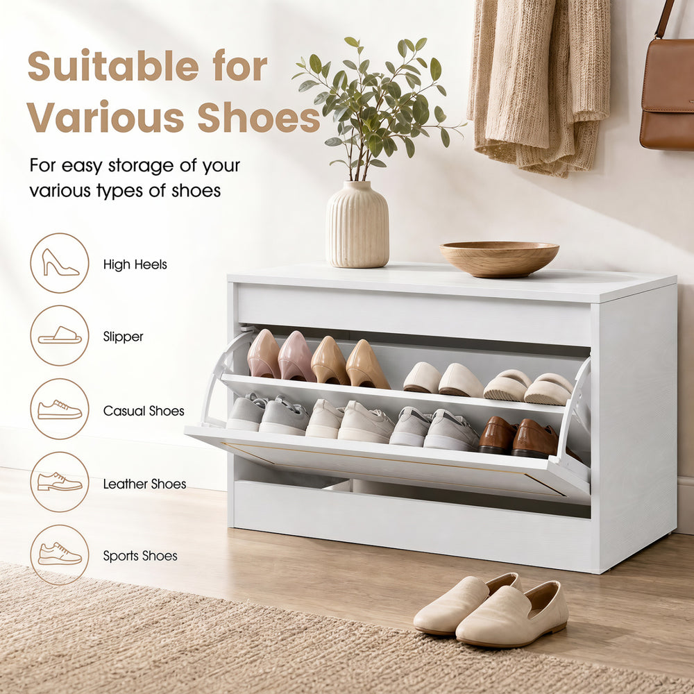 Narrow white shoe cabinet with a flip drawer and adjustable shelf for organized storage of various types of shoes.