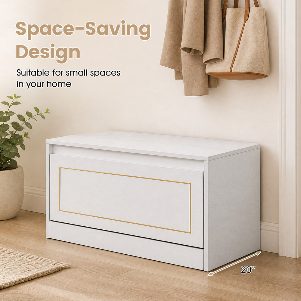 Narrow white shoe cabinet with a flip drawer and adjustable shelf, perfect for organizing shoes in small hallways.