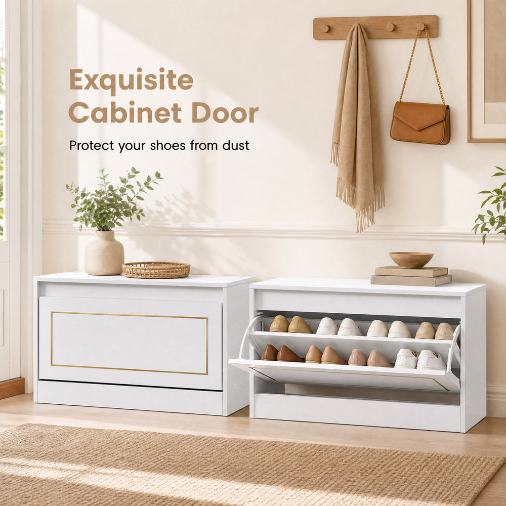 Narrow white shoe cabinet with a flip drawer and adjustable shelf, perfect for hallway organization and shoe storage.