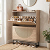 Narrow shoe storage cabinet in natural finish features 2 flip drawers and adjustable shelves for organized footwear.