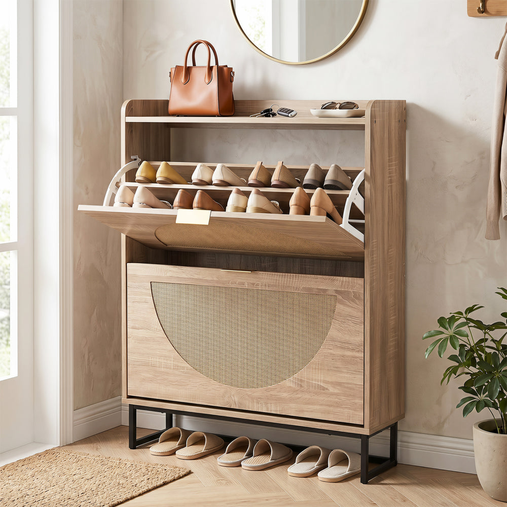 Narrow Shoe Storage Cabinet with 2 Flip Drawers and Adjustable Shelves-Natural - Gallery View 1 of 9
