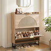 Narrow shoe storage cabinet with 2 flip drawers, adjustable shelves, and classic faux rattan design for stylish organization.