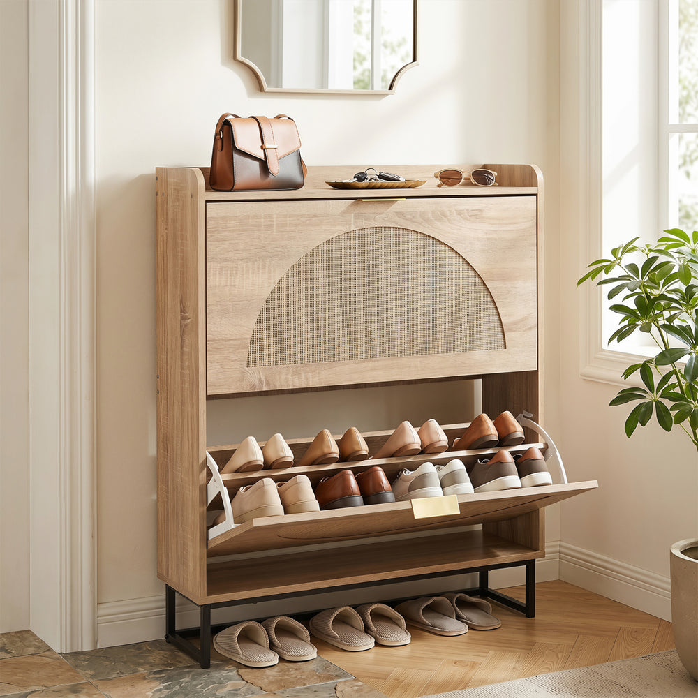 Narrow shoe storage cabinet with 2 flip drawers, adjustable shelves, and classic faux rattan design for stylish organization.
