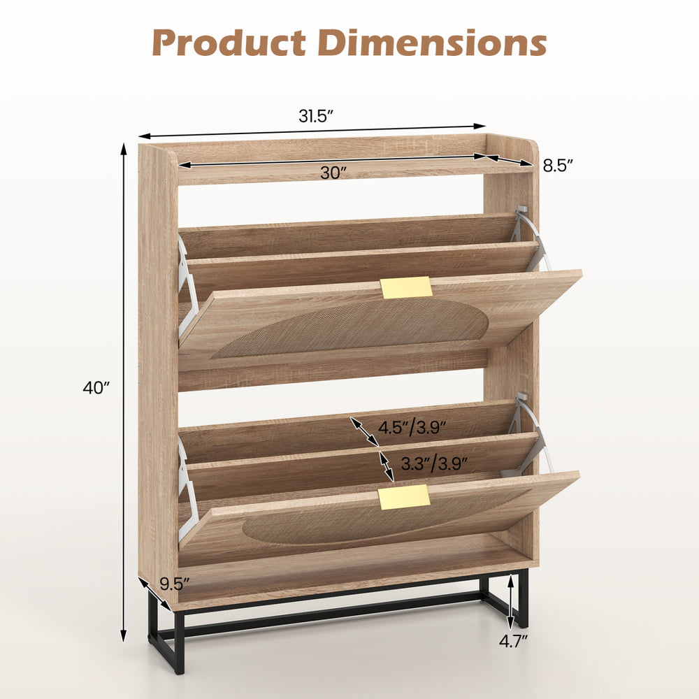 Narrow shoe storage cabinet features two flip drawers, adjustable shelves, and a classic faux rattan design for stylish organization.