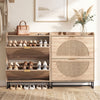 Narrow shoe storage cabinet with natural finish, featuring 2 flip drawers and adjustable shelves for versatile footwear organization.