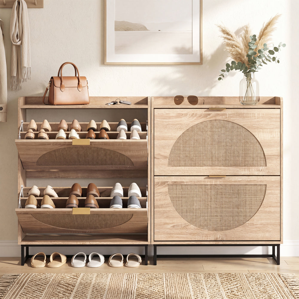 Narrow shoe storage cabinet with natural finish, featuring 2 flip drawers and adjustable shelves for versatile footwear organization.