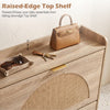 Narrow shoe storage cabinet with a raised-edge top shelf, featuring two flip drawers and adjustable shelves for versatile use.