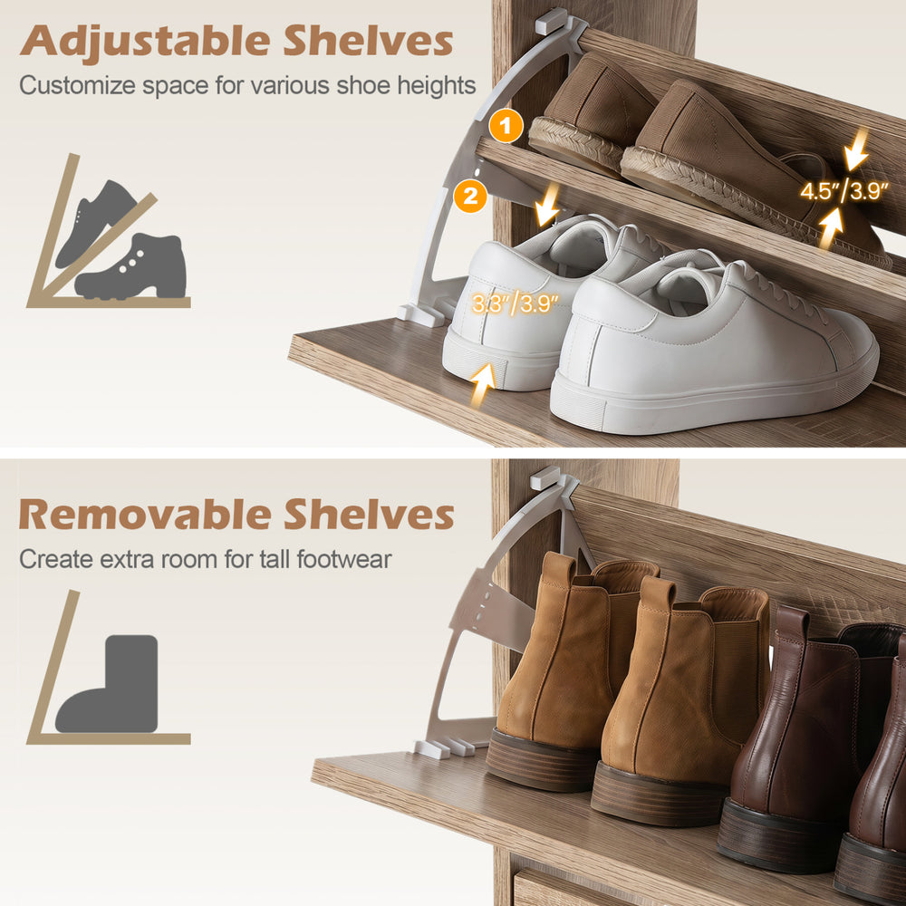 Narrow shoe storage cabinet features adjustable and removable shelves for various shoe heights and a classic faux rattan design.