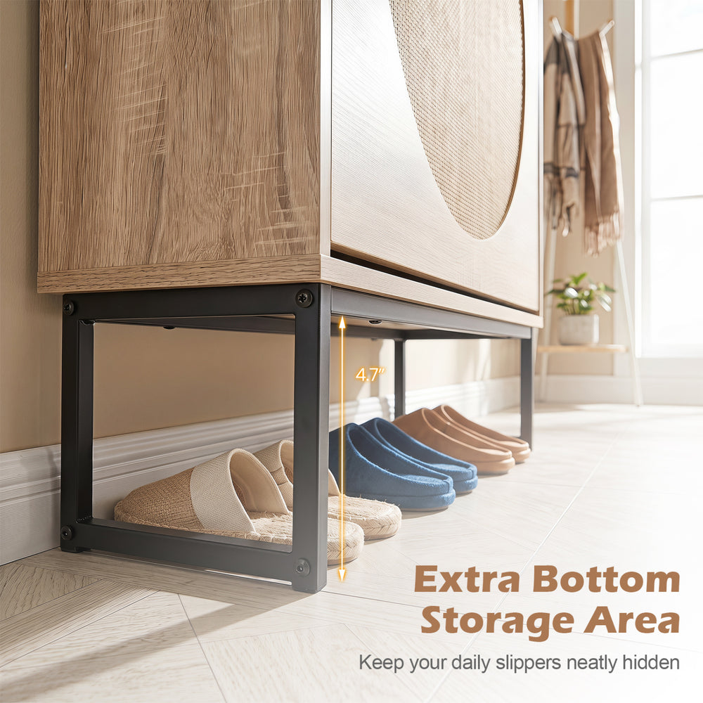Narrow shoe storage cabinet with 2 flip drawers, adjustable shelves, and 4.7" bottom storage area for slippers.