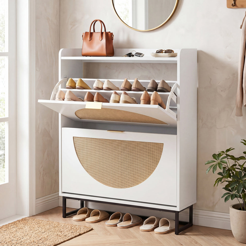 Narrow Shoe Storage Cabinet with 2 Flip Drawers and Adjustable Shelves-White - Gallery View 1 of 9