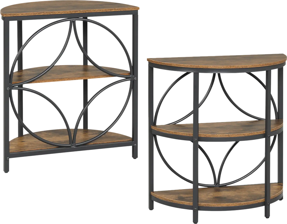 Narrow side table with a rustic brown wood-like surface and sturdy metal frame, perfect for living room or bedroom use.