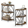 Narrow side table with rustic brown wood-like surface and metal frame, featuring multiple storage shelves for versatile.