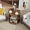 Narrow side table in rustic brown with metal frame and storage shelves, ideal for living room or bedroom use.