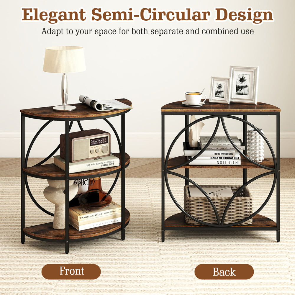Narrow side table with a rustic brown wood-like surface and metal frame, featuring storage shelves for versatile use.