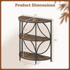 Narrow side table dimensions with rustic brown finish, featuring a sturdy metal frame and three semi-circular shelves.