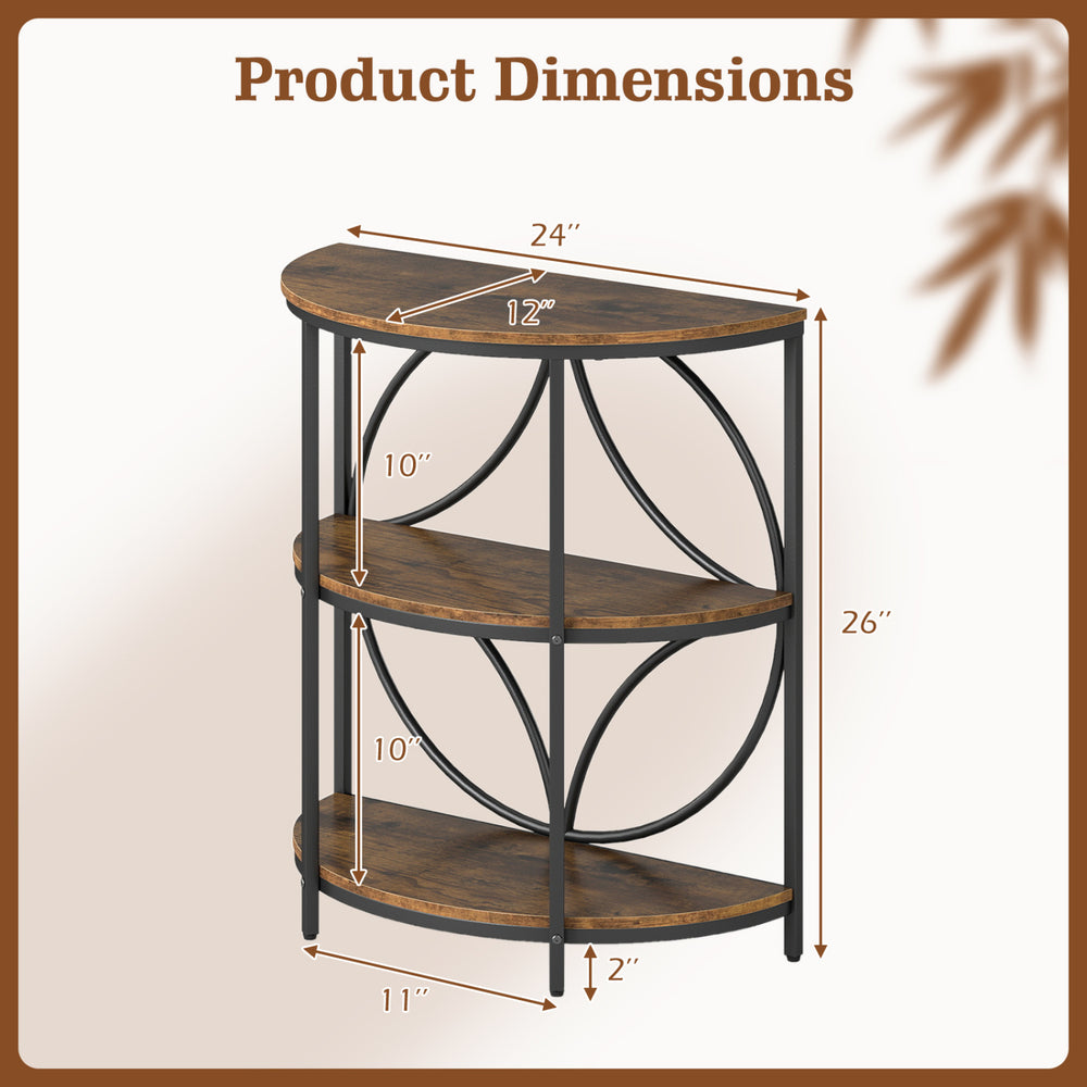 Narrow side table dimensions with rustic brown finish, featuring a sturdy metal frame and three semi-circular shelves.