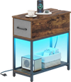 Narrow side table with LED lights, charging station, and spacious storage for small spaces, featuring a brown wood.