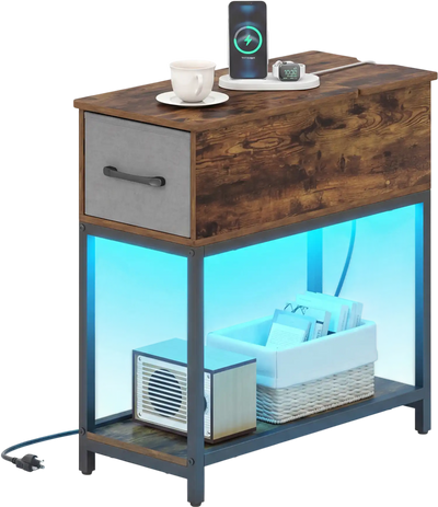Costway Narrow Side Table Charging Station LED Lights Industrial End Table 32512833 New