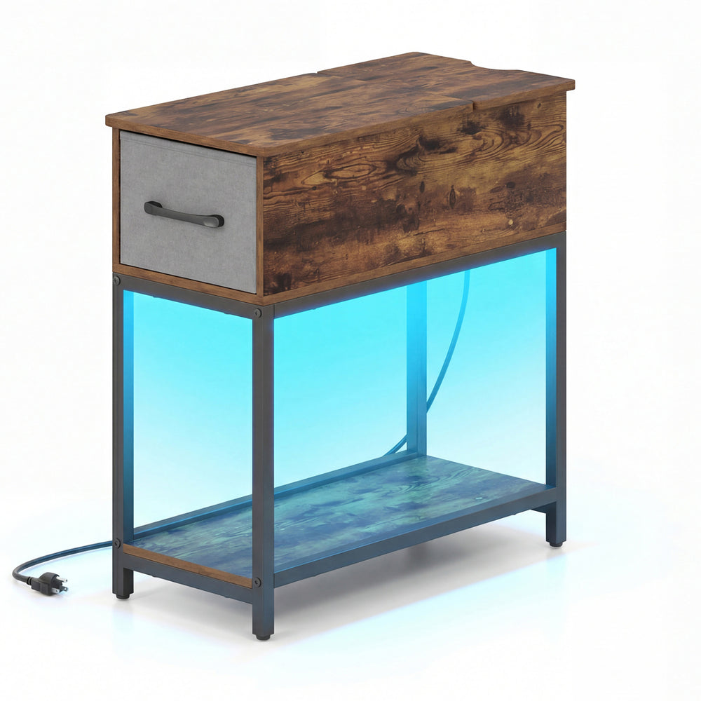 Narrow side table with built-in LED lights, charging station, and a spacious tabletop for small spaces.
