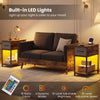 Narrow side table with built-in LED lights, charging station, and spacious storage for small spaces in brown finish.