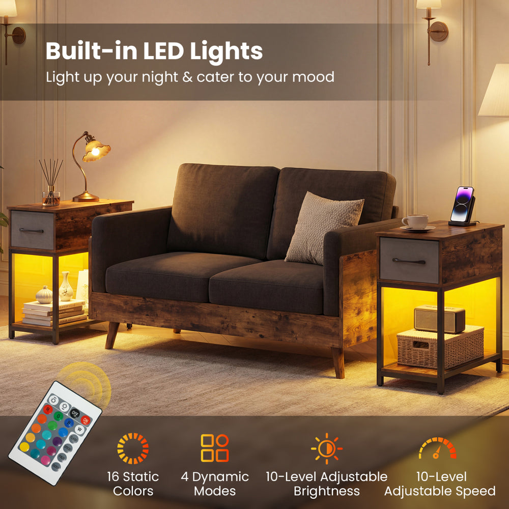Narrow side table with built-in LED lights, charging station, and spacious storage for small spaces in brown finish.