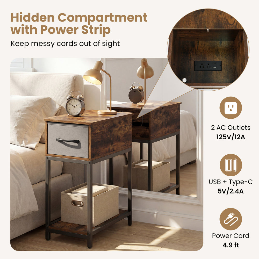 Narrow side table with hidden power strip, USB ports, and built-in LED lights for convenient charging and storage.