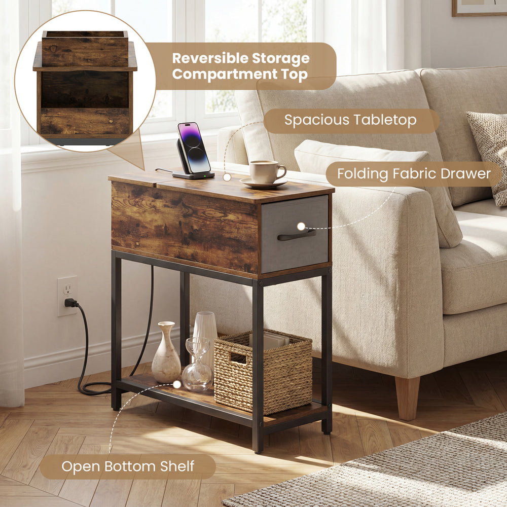 Narrow side table with charging station, LED lights, and folding fabric drawer for compact storage and display.