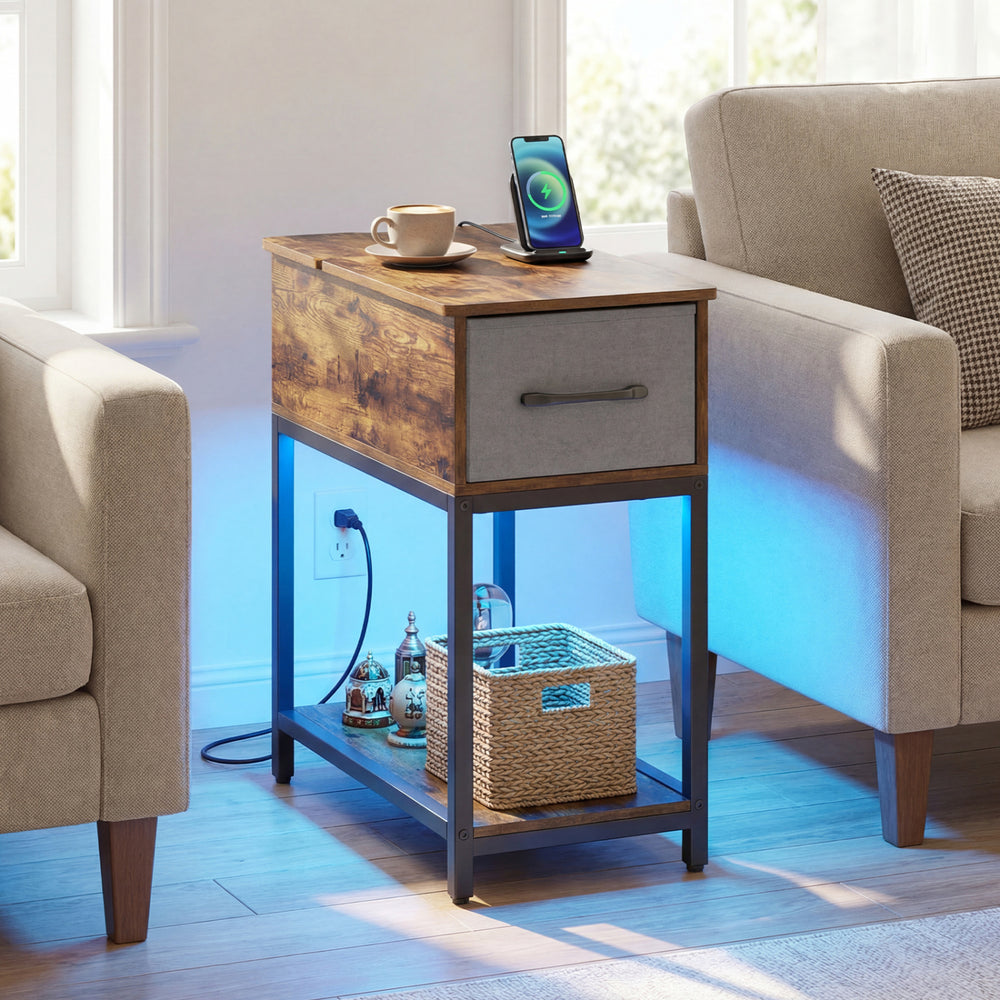 Narrow side table with charging station, LED lights, and hidden storage, perfect for small spaces and device.
